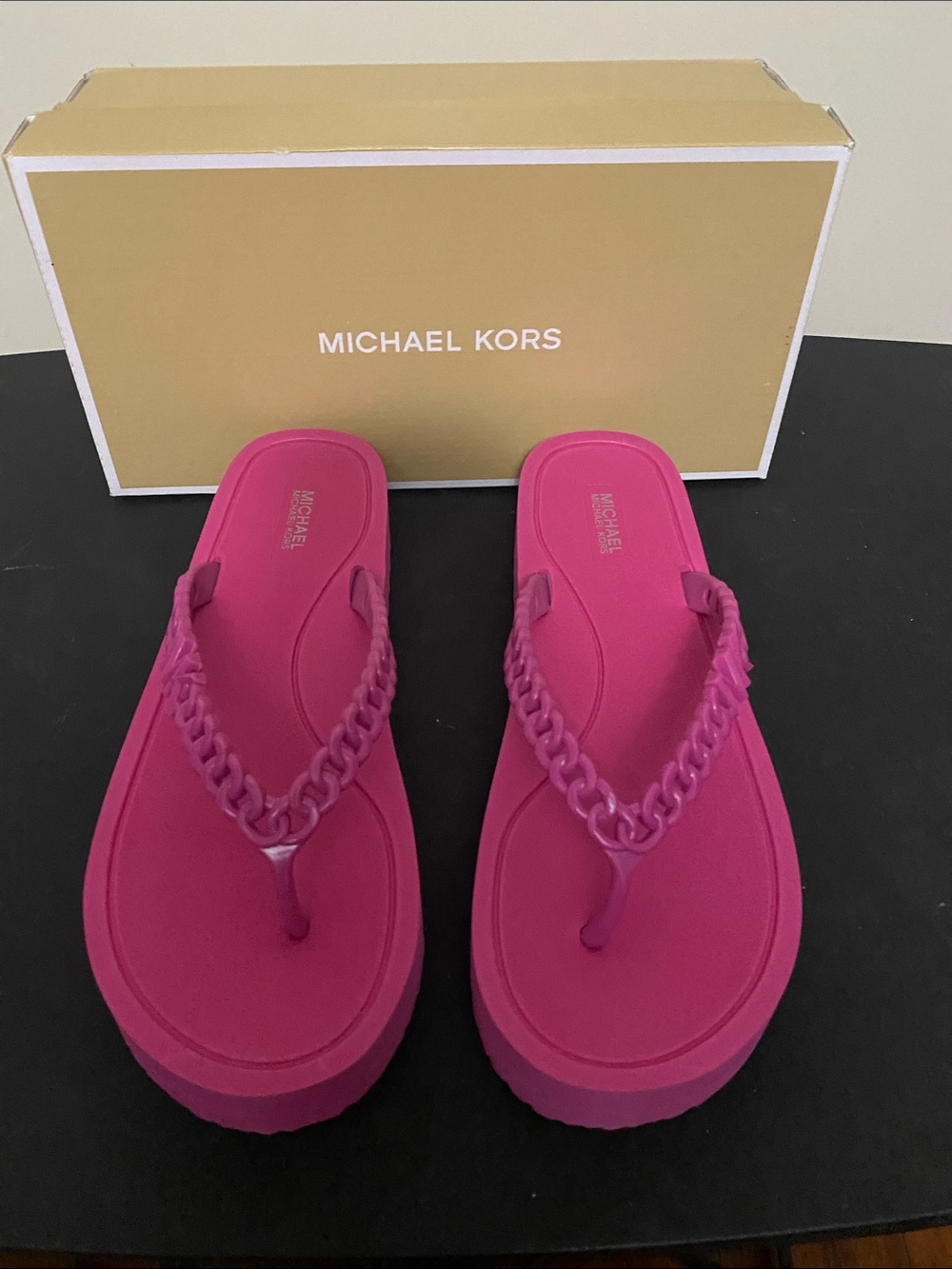 Michael Kors Pink Jelly Chain-Detail Platform Flip Flops